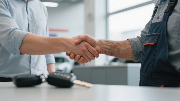 рукопожатие двух мужчин в офисе автосервиса после заключения сделки